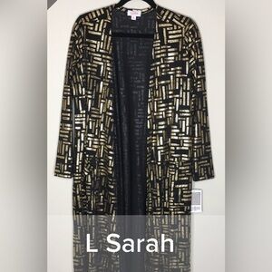 LuLaRoe Sarah L Black & Gold Metallic Geometric Long Cardigan NWT
